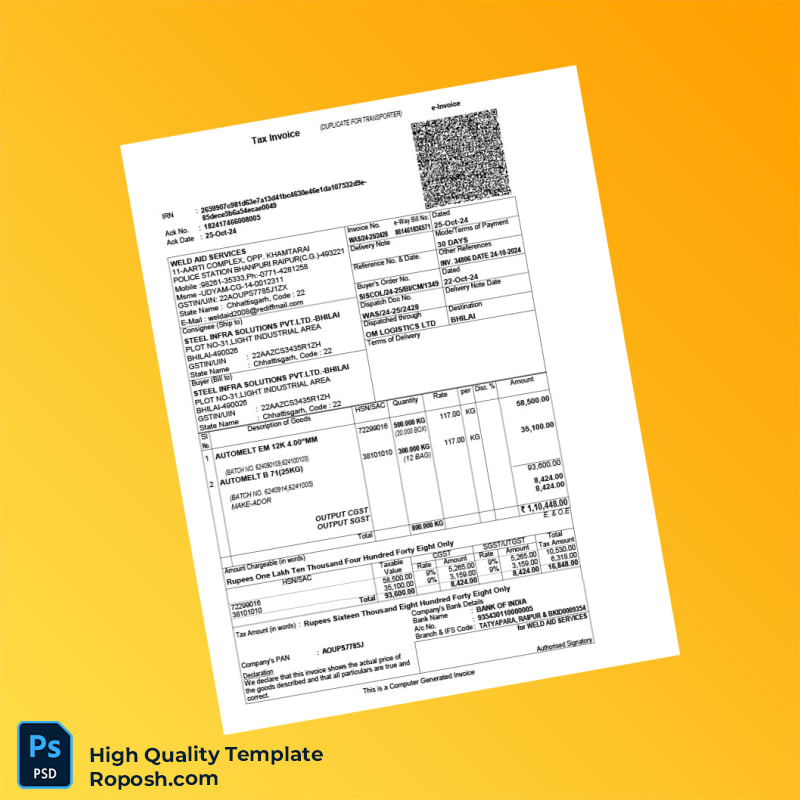 India Weld Aid Services Invoice Template in Word and PDF formats 4 page India Weld Aid Services Invoice Template in Word and PDF formats 4 page