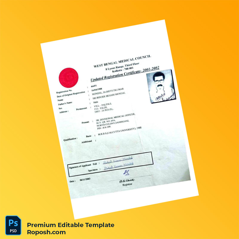 Customizable India West Bengal Medical Council Updated Registration Certificate Editable Word & PDF Template Customizable India West Bengal Medical Council Updated Registration Certificate Editable Word & PDF Template