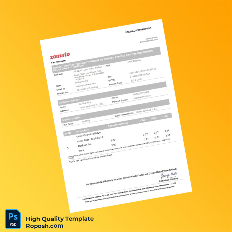 India Zomato Limited Tax Invoice Template in Word and PDF formats 3 page India Zomato Limited Tax Invoice Template in Word and PDF formats 3 page