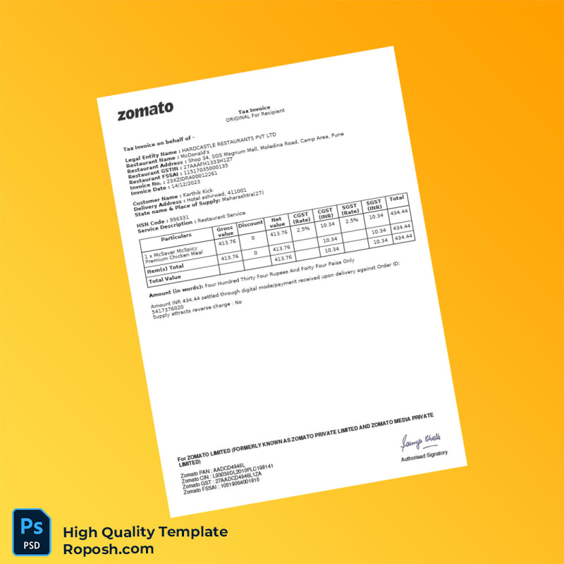 India Zomato Limited Tax Invoice Template in Word and PDF formats 3 page India Zomato Limited Tax Invoice Template in Word and PDF formats 3 page