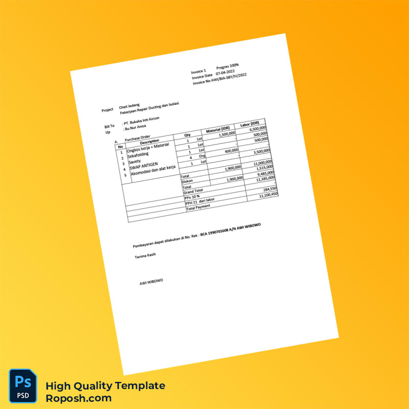 Indonesia AWI WIBOWO Invoice Template in Word and PDF formats 6 page Indonesia AWI WIBOWO Invoice Template in Word and PDF formats 6 page