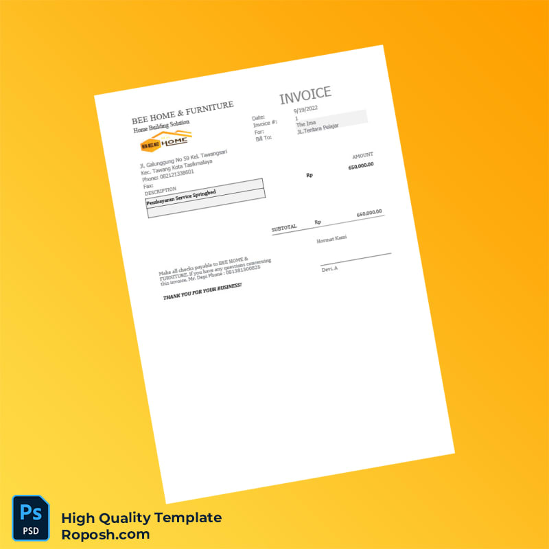 Indonesia Bee Home Furniture Invoice Template in Word and PDF formats 7 page Indonesia Bee Home Furniture Invoice Template in Word and PDF formats 7 page