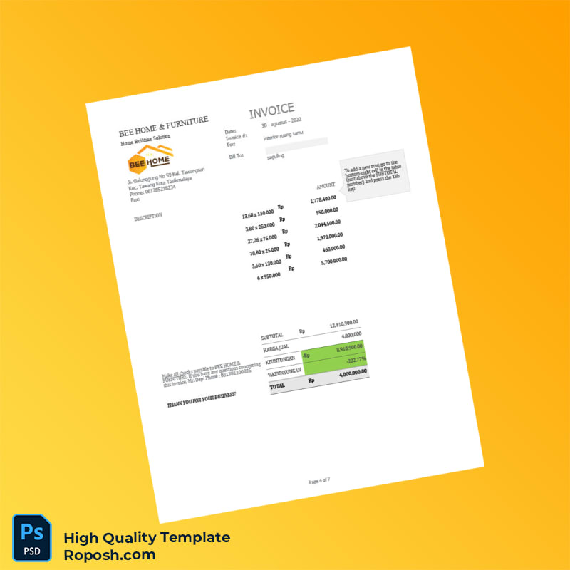 Indonesia Bee Home Furniture Invoice Template in Word and PDF formats 7 page Indonesia Bee Home Furniture Invoice Template in Word and PDF formats 7 page