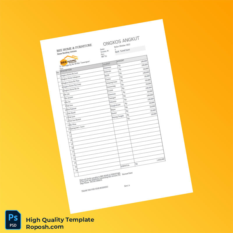 Indonesia Bee Home Furniture Invoice Template in Word and PDF formats 7 page Indonesia Bee Home Furniture Invoice Template in Word and PDF formats 7 page