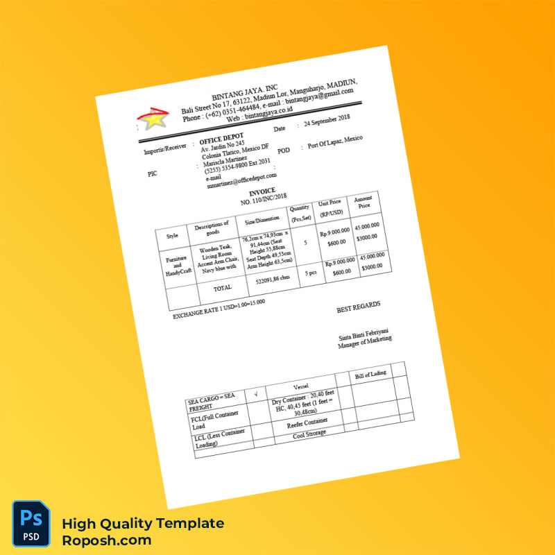Indonesia Bintang Jaya Inc Invoice Template in Word and PDF formats Indonesia Bintang Jaya Inc Invoice Template in Word and PDF formats