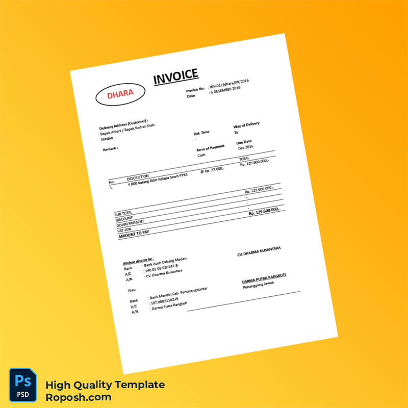 Indonesia CV Dharma Nusantara Invoice Template in Word and PDF formats Indonesia CV Dharma Nusantara Invoice Template in Word and PDF formats