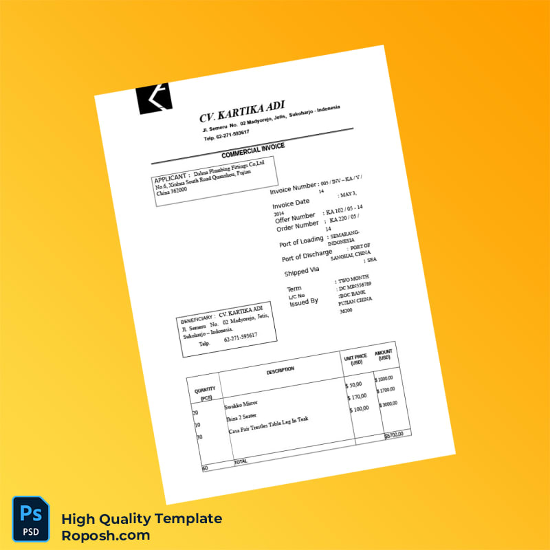 Indonesia CV Kartika Adi Commercial Invoice Template in Word and PDF formats 2 page Indonesia CV Kartika Adi Commercial Invoice Template in Word and PDF formats 2 page