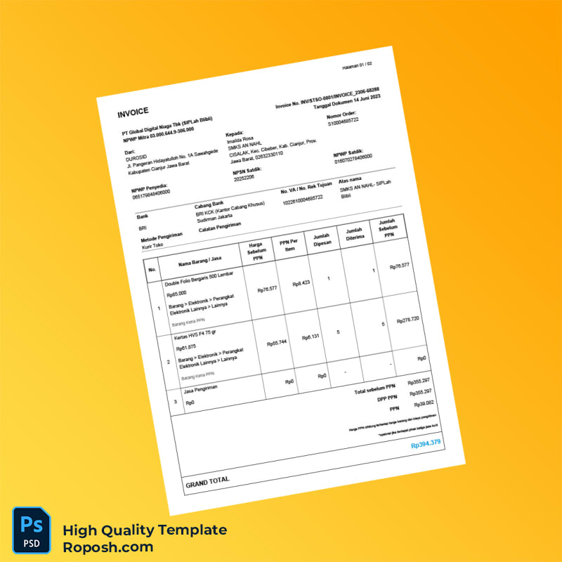Indonesia DUROSID Invoice Template in Word and PDF formats 2 page Indonesia DUROSID Invoice Template in Word and PDF formats 2 page