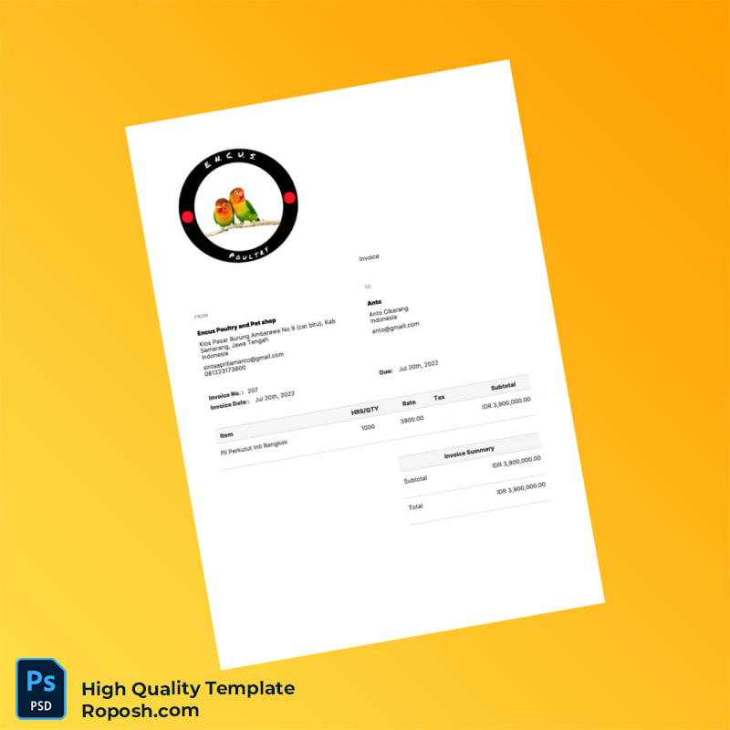 Indonesia Encus Poultry and Pet Shop Invoice Template in Word and PDF formats Indonesia Encus Poultry and Pet Shop Invoice Template in Word and PDF formats