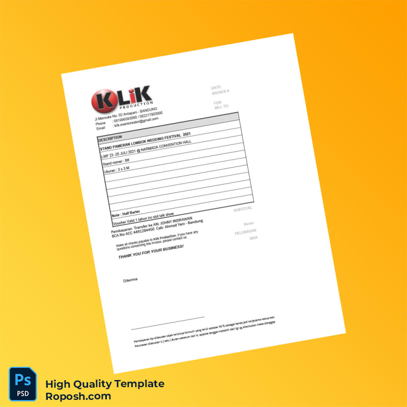 Indonesia Klik Production Invoice Template in Word and PDF formats 3 page Indonesia Klik Production Invoice Template in Word and PDF formats 3 page