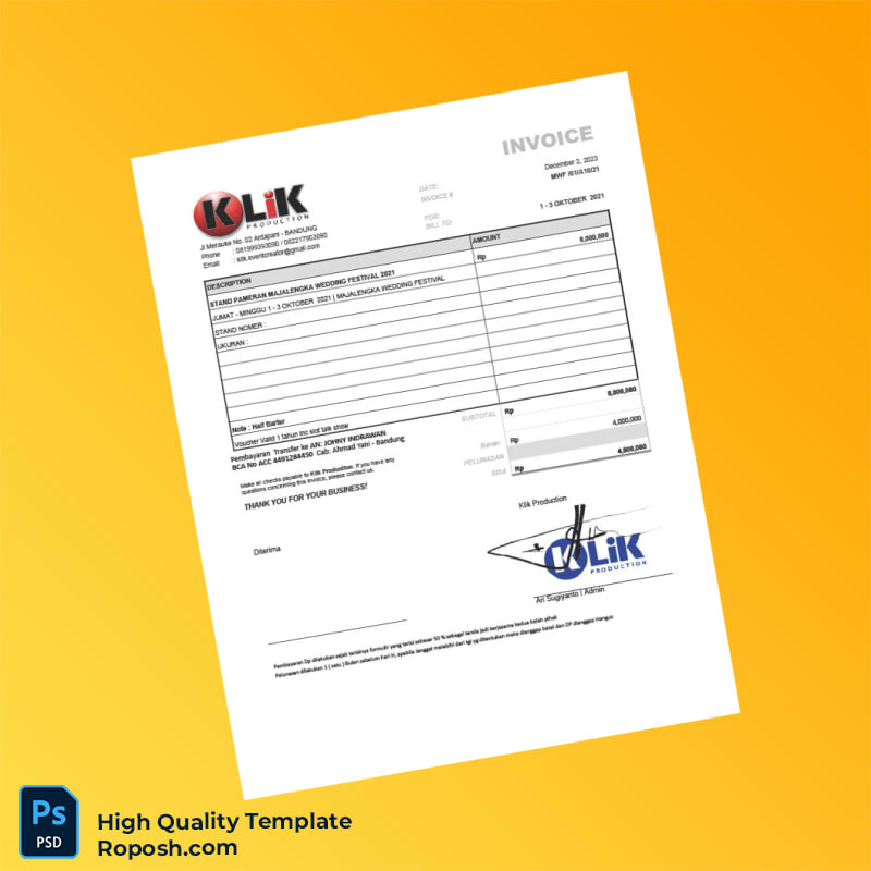 Indonesia Klik Production Invoice Template in Word and PDF formats 3 page Indonesia Klik Production Invoice Template in Word and PDF formats 3 page