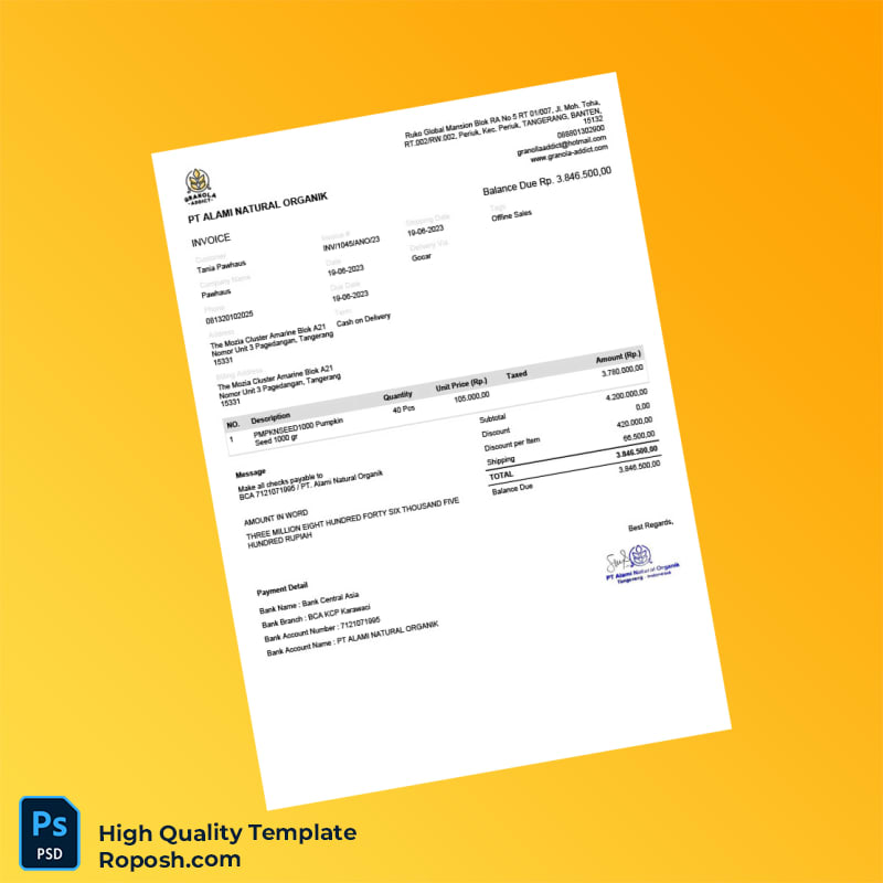 Indonesia PT Alami Natural Organik Invoice Template in Word and PDF formats Indonesia PT Alami Natural Organik Invoice Template in Word and PDF formats
