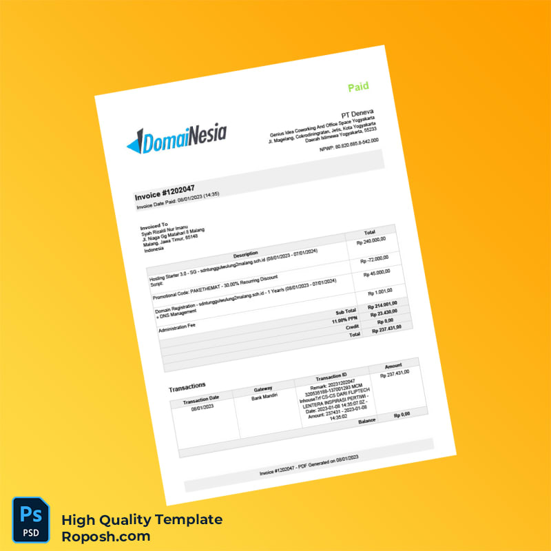 Indonesia PT Deneva Invoice Template in Word and PDF formats 2 page Indonesia PT Deneva Invoice Template in Word and PDF formats 2 page