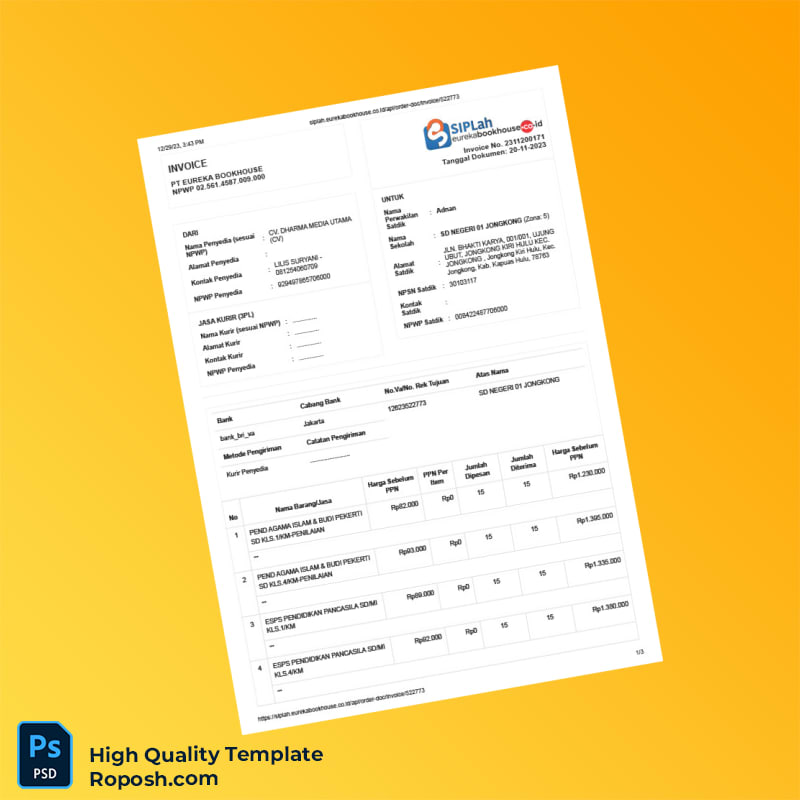 Indonesia PT Eureka Bookhouse Invoice Template in Word and PDF formats 3 page Indonesia PT Eureka Bookhouse Invoice Template in Word and PDF formats 3 page