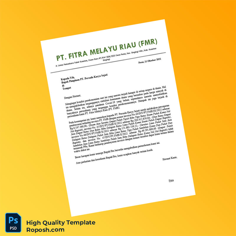 Indonesia PT Fitra Melayu Riau Invoice Template in Word and PDF formats 2 page Indonesia PT Fitra Melayu Riau Invoice Template in Word and PDF formats 2 page