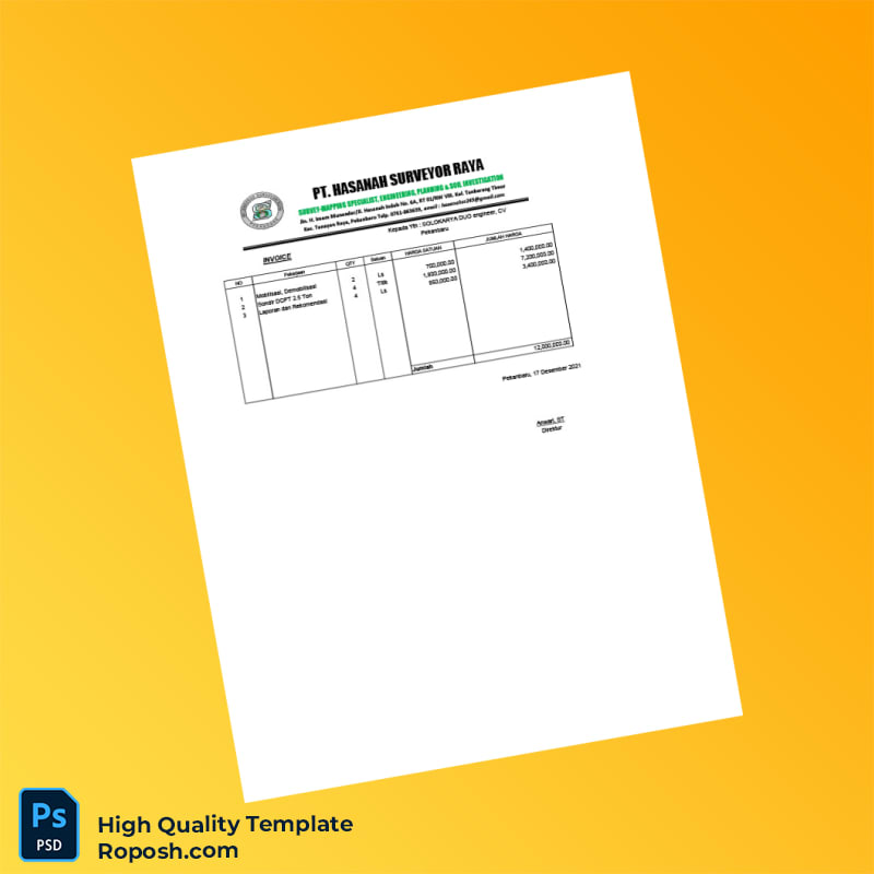 Indonesia PT Hasanah Surveyor Raya Invoice Template in Word and PDF formats 2 page Indonesia PT Hasanah Surveyor Raya Invoice Template in Word and PDF formats 2 page