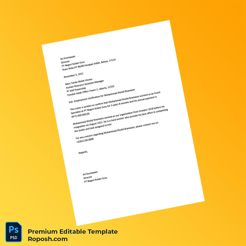 Customizable Indonesia PT Negeri Kolam Susu Employment Verification Letter Word & PDF Template Customizable Indonesia PT Negeri Kolam Susu Employment Verification Letter Word & PDF Template