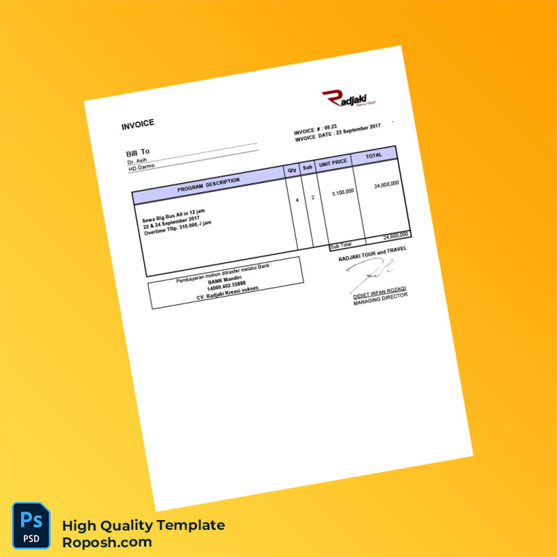 Indonesia Radjaki Tour and Travel Invoice Template in Word and PDF formats Indonesia Radjaki Tour and Travel Invoice Template in Word and PDF formats