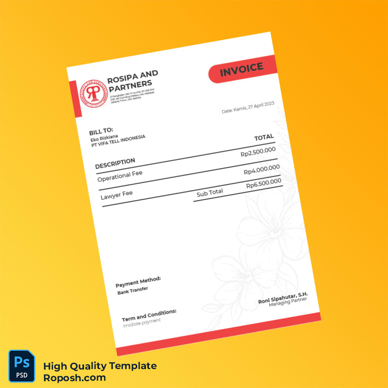 Indonesia Rosipa and Partners Invoice Template in Word and PDF formats Indonesia Rosipa and Partners Invoice Template in Word and PDF formats