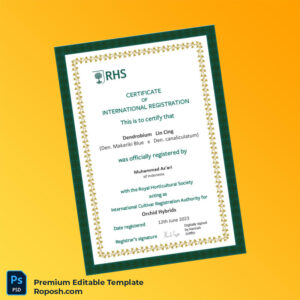 Indonesia Royal Horticultural Society Digital Registration Certificate Editable Word & PDF Template