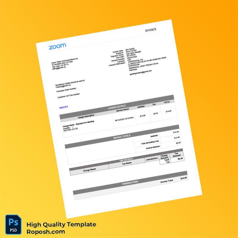 Indonesia Zoom Video Communications Invoice Template in Word and PDF formats 4 page Indonesia Zoom Video Communications Invoice Template in Word and PDF formats 4 page