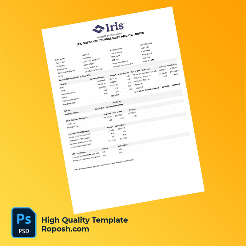 Iris Software Technologies Private Limited payslip word and pdf template Iris Software Technologies Private Limited payslip word and pdf template