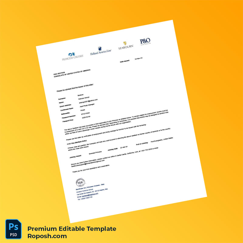 Customizable Italy Princess Cruises Employment Verification Letter Word & PDF Template Customizable Italy Princess Cruises Employment Verification Letter Word & PDF Template