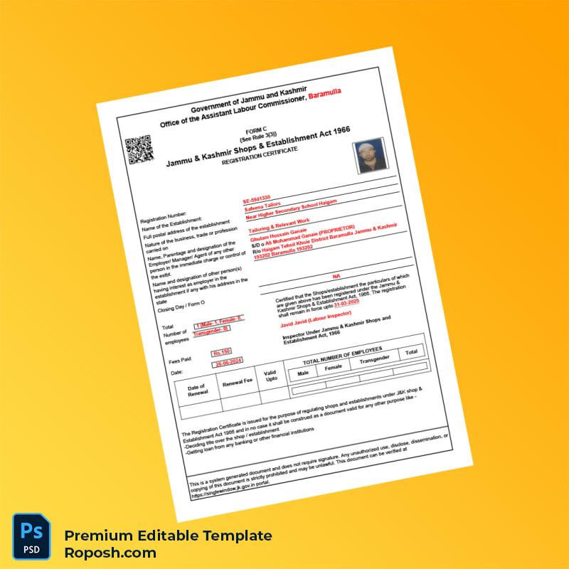Customizable Jammu and Kashmir Inspector Shops and Establishment Registration Certificate Editable Word & PDF Template Customizable Jammu and Kashmir Inspector Shops and Establishment Registration Certificate Editable Word & PDF Template
