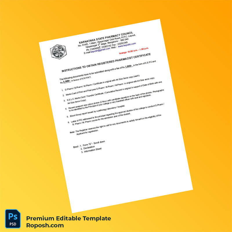 Customizable Karnataka State Pharmacy Council Registration Certificate Editable Word & PDF Template 8 page Customizable Karnataka State Pharmacy Council Registration Certificate Editable Word & PDF Template 8 page