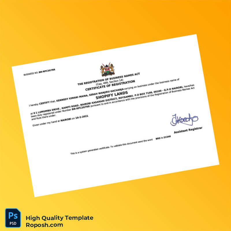 Kenya Business Registration Certificate Template in Word and PDF formats Kenya Business Registration Certificate Template in Word and PDF formats