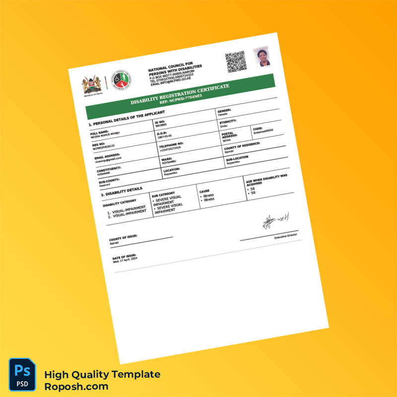 Kenya Disability Registration Certificate Template in Word and PDF formats Kenya Disability Registration Certificate Template in Word and PDF formats