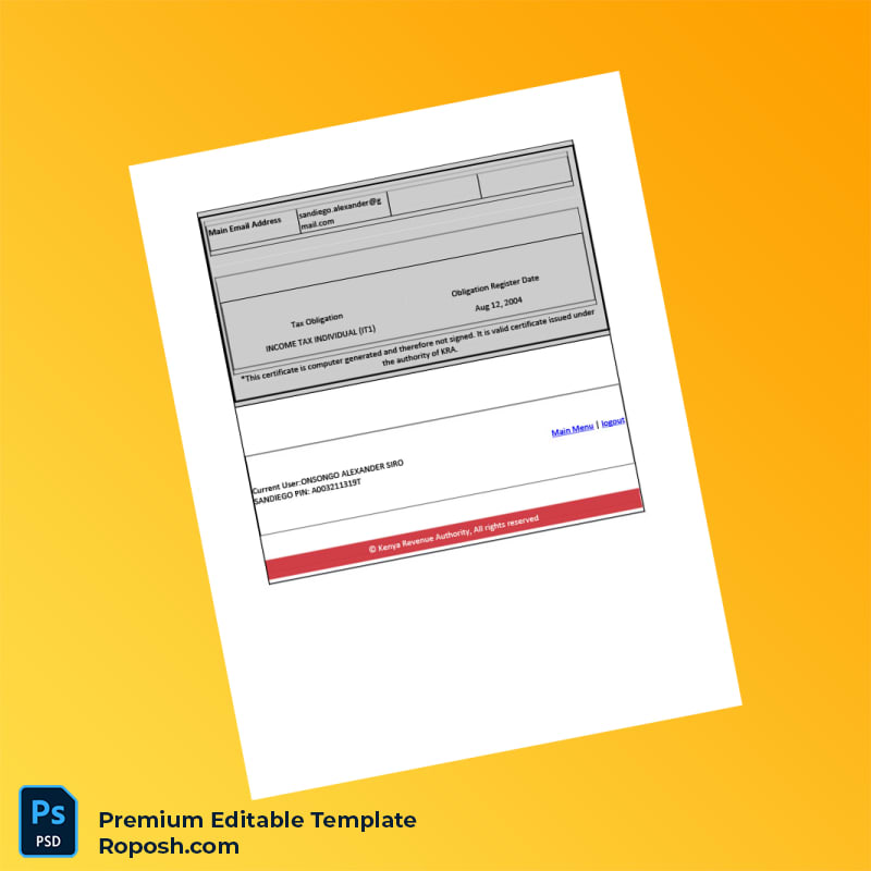Customizable Kenya KRA Tax Registration Certificate Editable Word & PDF Template 2 page Customizable Kenya KRA Tax Registration Certificate Editable Word & PDF Template 2 page