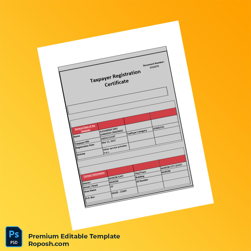 Customizable Kenya KRA Tax Registration Certificate Editable Word & PDF Template 2 page Customizable Kenya KRA Tax Registration Certificate Editable Word & PDF Template 2 page