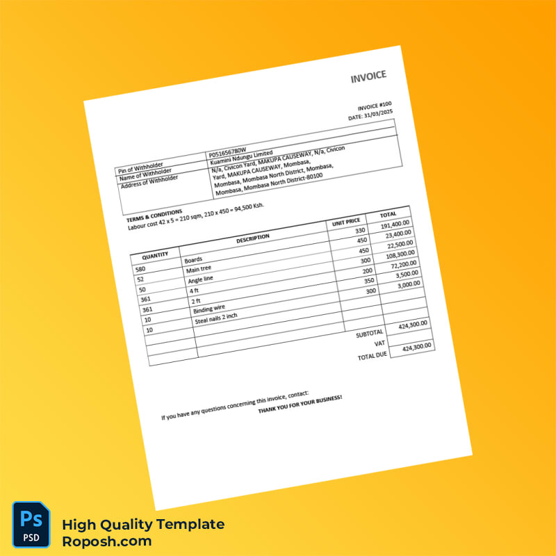 Kenya Kuamini Ndungu Limited Invoice Template in Word and PDF formats Kenya Kuamini Ndungu Limited Invoice Template in Word and PDF formats