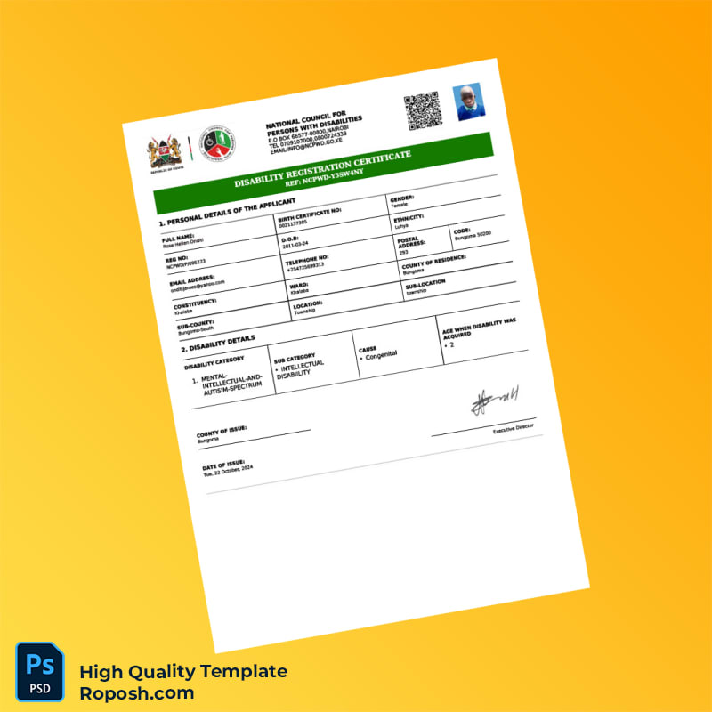 Kenya NCPWD Disability Registration Certificate Template in Word and PDF formats Kenya NCPWD Disability Registration Certificate Template in Word and PDF formats