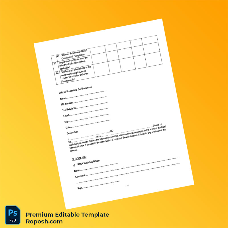 Customizable Kenya NTSA Road Service License Application Form Editable Word & PDF Template 4 page Customizable Kenya NTSA Road Service License Application Form Editable Word & PDF Template 4 page