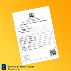 Customizable Kenya Pharmacy and Poisons Board Medical Device Registration Certificate Editable Word & PDF Template 2 page