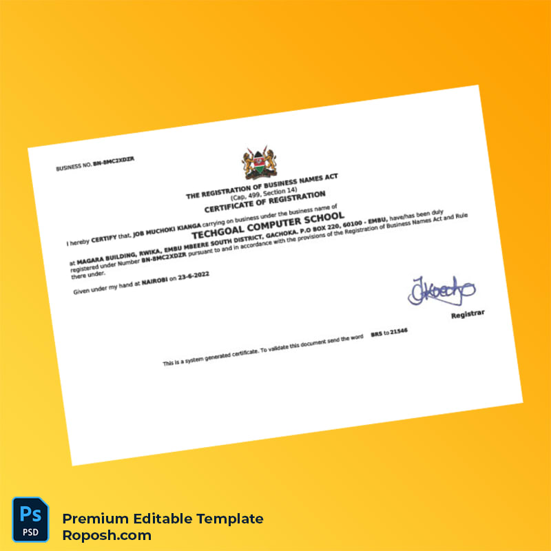 Kenya Registrar of Business Names Business Registration Certificate Editable Word & PDF Template Kenya Registrar of Business Names Business Registration Certificate Editable Word & PDF Template