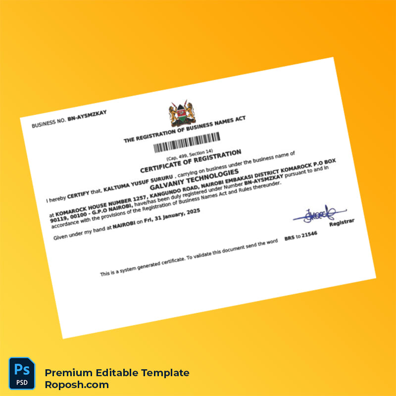 Customizable Kenya Registrar of Companies Business Name Registration Certificate Editable Word & PDF Template Customizable Kenya Registrar of Companies Business Name Registration Certificate Editable Word & PDF Template