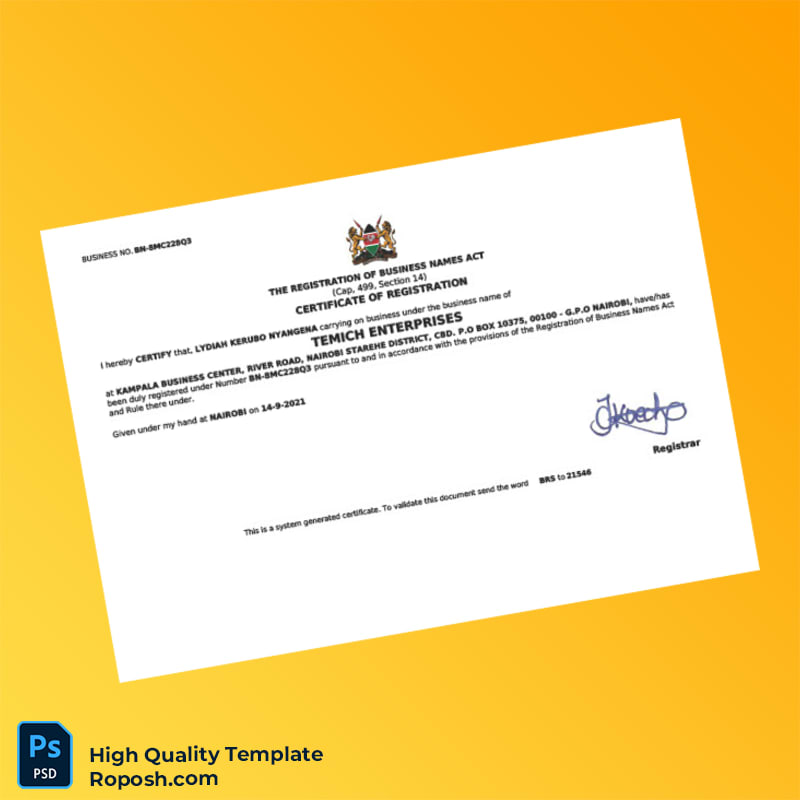 Kenya Registrar of Companies Business Registration Certificate Template in Word and PDF formats Kenya Registrar of Companies Business Registration Certificate Template in Word and PDF formats