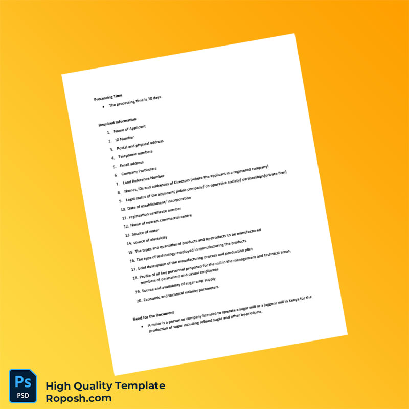 Kenya Sugar Miller Registration Renewal Certificate Template in Word and PDF formats 5 page Kenya Sugar Miller Registration Renewal Certificate Template in Word and PDF formats 5 page