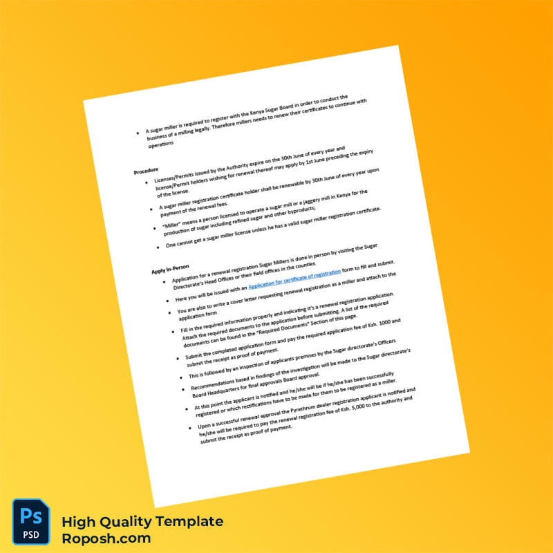 Kenya Sugar Miller Registration Renewal Certificate Template in Word and PDF formats 5 page Kenya Sugar Miller Registration Renewal Certificate Template in Word and PDF formats 5 page