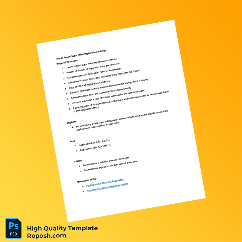 Kenya Sugar Miller Registration Renewal Certificate Template in Word and PDF formats 5 page Kenya Sugar Miller Registration Renewal Certificate Template in Word and PDF formats 5 page