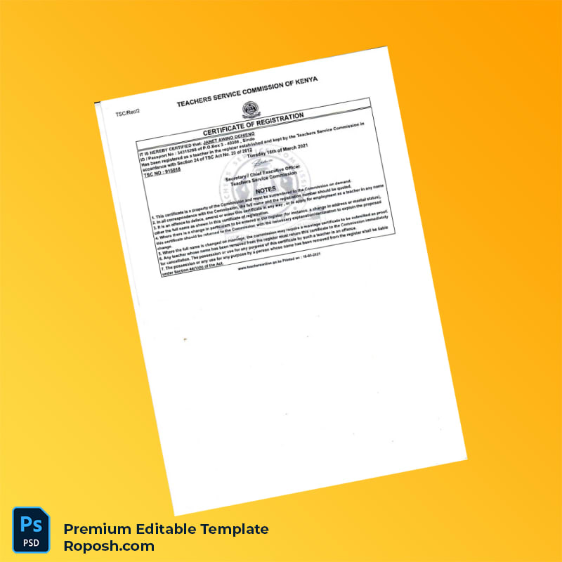Customizable Kenya Teachers Service Commission Certificate of Registration Editable Word & PDF Template Customizable Kenya Teachers Service Commission Certificate of Registration Editable Word & PDF Template