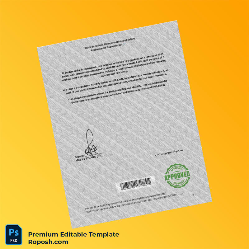 Customizable Kuwait Ambassador Supermarket Employment Verification Letter Word & PDF Template 2 page Customizable Kuwait Ambassador Supermarket Employment Verification Letter Word & PDF Template 2 page