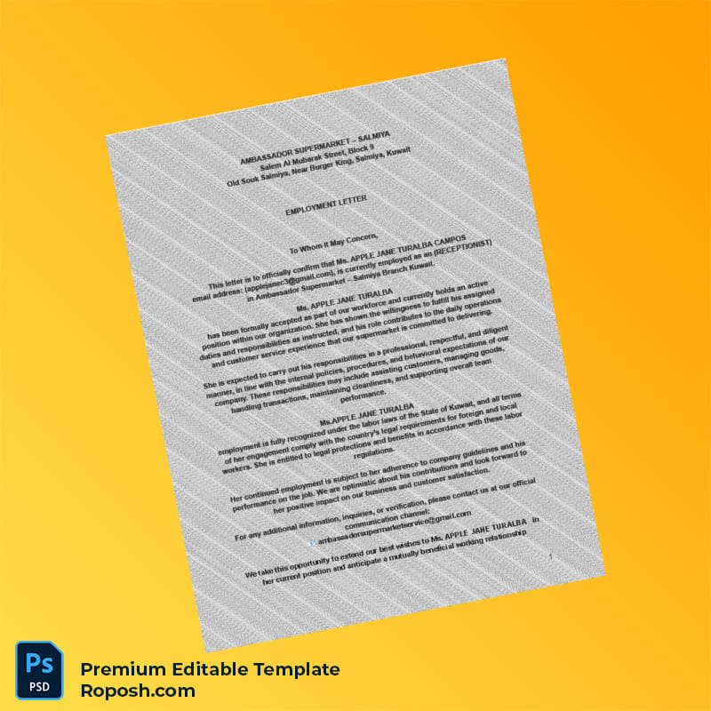 Customizable Kuwait Ambassador Supermarket Employment Verification Letter Word & PDF Template 2 page Customizable Kuwait Ambassador Supermarket Employment Verification Letter Word & PDF Template 2 page