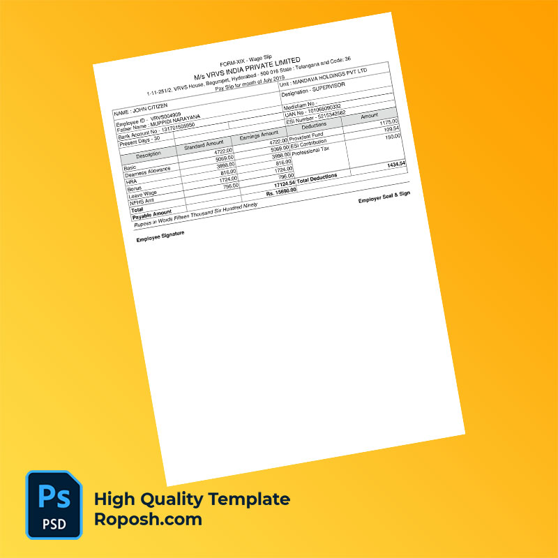 M.s VRVS India Private Limited payslip word and pdf template M.s VRVS India Private Limited payslip word and pdf template