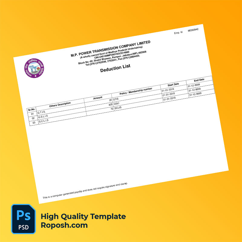 MP Power Transmission Company Limited payslip word and pdf template MP Power Transmission Company Limited payslip word and pdf template
