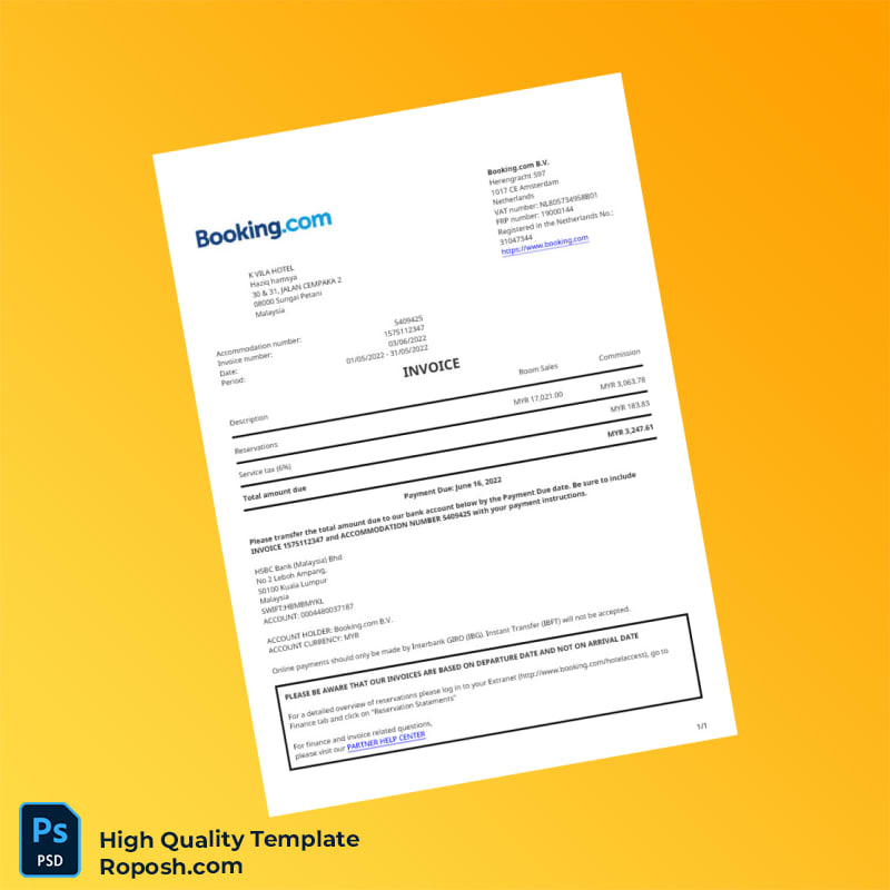 Malaysia Booking com B V Invoice Template in Word and PDF formats Malaysia Booking com B V Invoice Template in Word and PDF formats