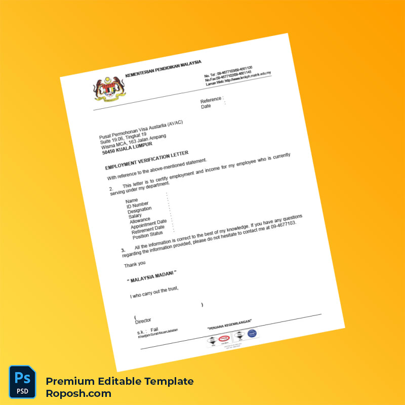Customizable Malaysia KEMENTERIAN PENDIDIKAN MALAYSIA Employment Verification Letter Word & PDF Template Customizable Malaysia KEMENTERIAN PENDIDIKAN MALAYSIA Employment Verification Letter Word & PDF Template